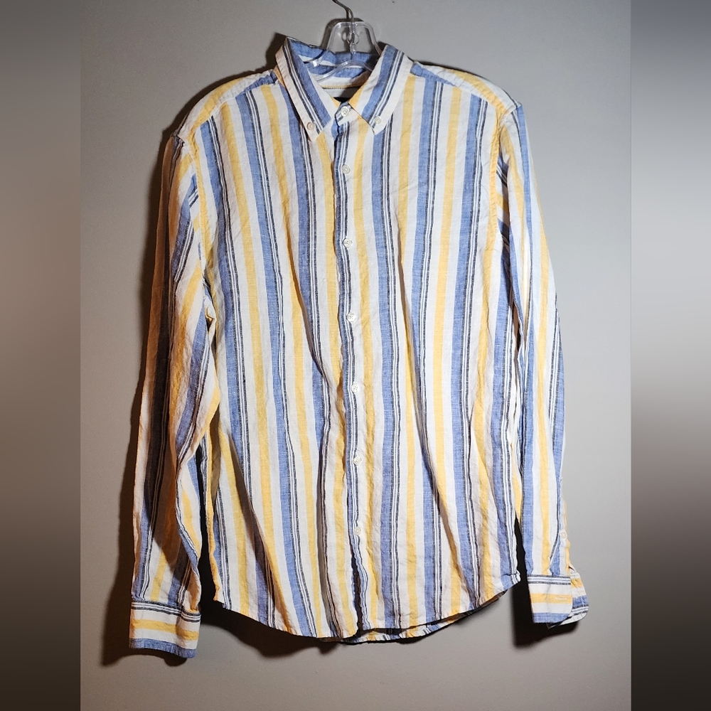 Medium Le 31 Par Simons Comfort Fit Striped Collar Buttondown Shirt 100% Linen